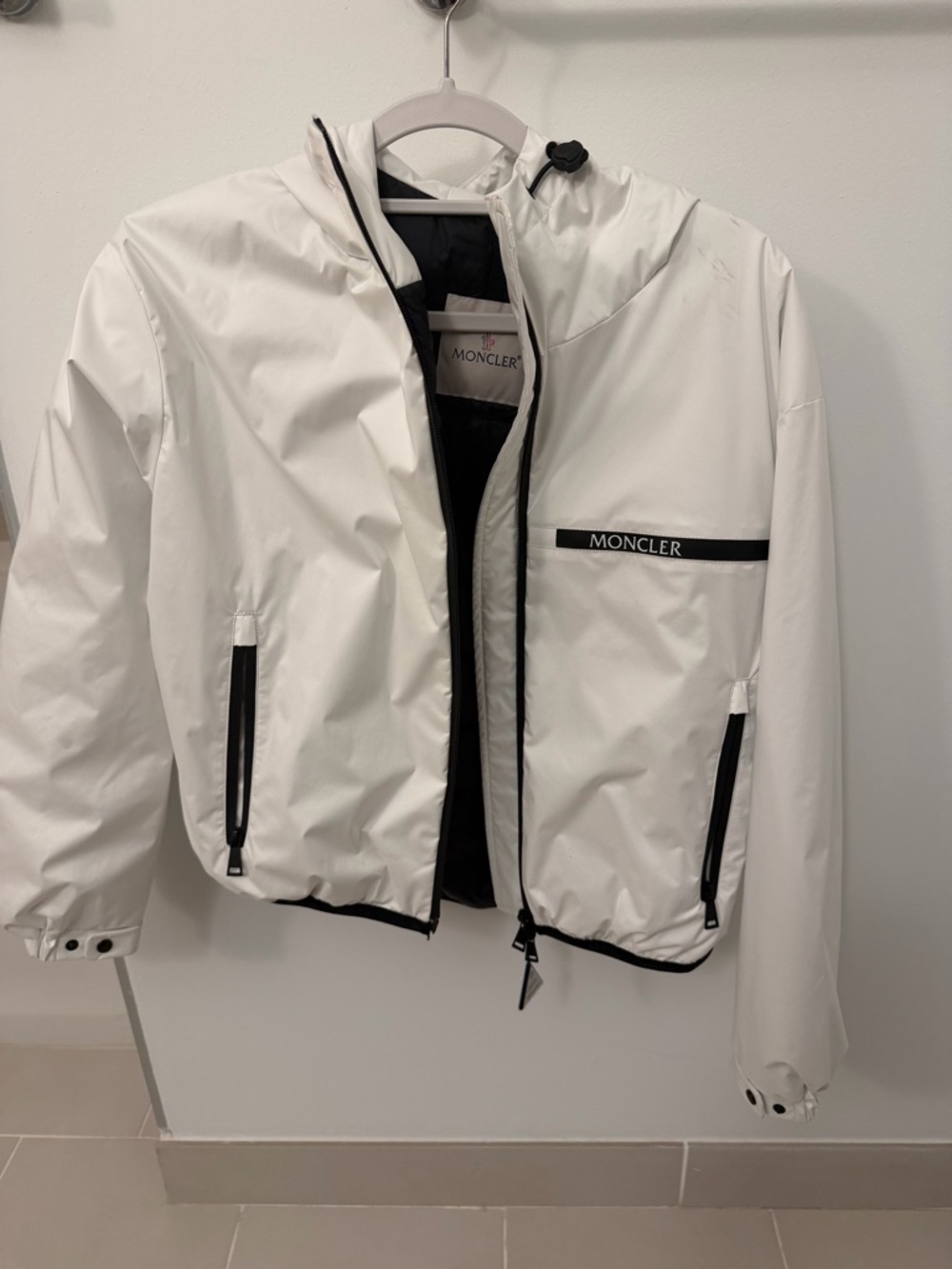 Moncler White Hooded Windbreaker Jacket with Black Trim (Moncler Size 1)